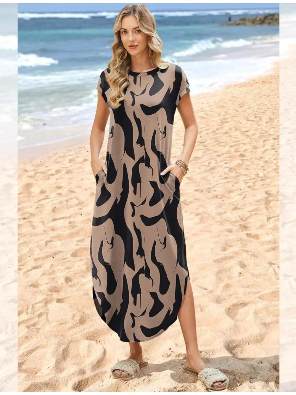 Women's Floral Brown Summer Cap Sleeves Crewneck Casual Maxi Dress with Pockets - Picture 3 of 5